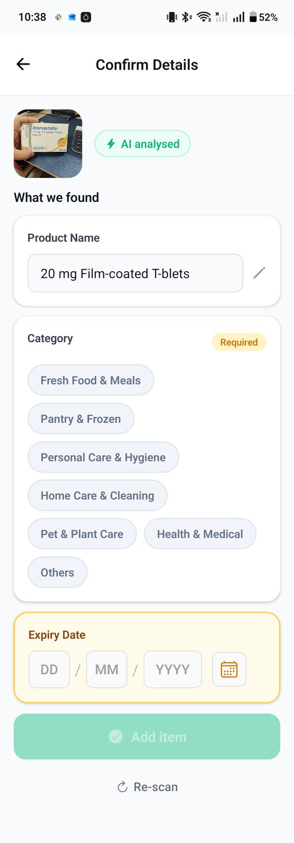 Confirm Details screen with AI analysed badge
